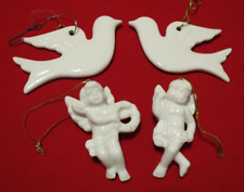 Vintage Christmas Ornaments Porcelain White 2 Doves and 2 Cherub Angels picture