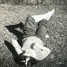 1950s Daydreaming girl lying with Apple VINTAGE PHOTO original unusual snapshot picture