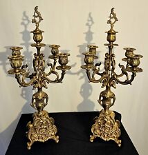 Pair Hollywood Regency Rococo Gilt Five Arm Candelabras Brass Italian Brevettato picture