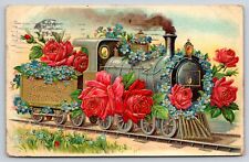 Greetings~Birthday~Train Covered In Flowers~Forget Me Nots~PM c1909 Postcard picture