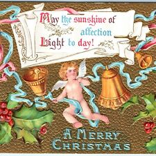 c1910s Merry Christmas Cupid Embossed Gilt Cherub Xmas Unposted Greeting Vtg A16 picture