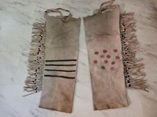 Authentic Vintage Native American Tan Suede Leather Beaded Fringe Chaps picture