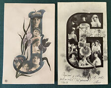 2 Art Noveau Initial RPPC Postcard Beautiful Women Flowers Letters G J Antique picture