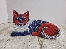 Vintage Artist Made Large Cat Clay Sculpture Red, White, and Blue picture