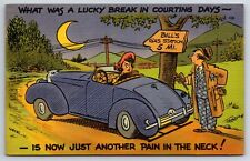 Comic Humor c1940's Out Of Gas What Was A Lucky Break In Courting Days Postcard picture