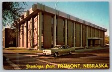 Postcard Greetings from Fremont Nebraska Municipal Bld. Vintage Car Brick Street picture