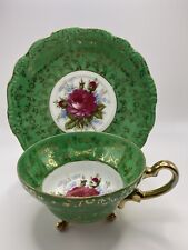 Vintage Green Pink Cabbage Rose Gold Gilt 3 Footed Tea Cup & Saucer Gorgeous picture