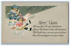 1922 Christmas Girl Slipped Winter Gifts Tide Christmas Seal Vintage Postcard picture