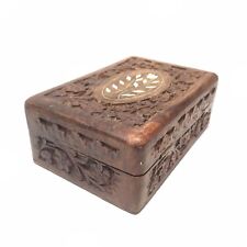 Vintage Hand Carved Wooden Jewelry Trinket Box India Sheesham Wood Flowers 6” picture