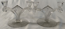 Glass Dual Candlestick Holder  Lot of 2 Vintage Crystal Clear Elegant Lace Etch picture