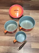 Vintage Descoware Enameled Cast Iron Flaming Orange 3 Pots & 1 Lid 8.5