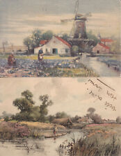German artist Meissner & Buch landscapes with boat and mill unit of 2 scenic picture