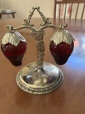 Vintage Red Glass Hanging Strawberry Salt & Pepper Shakers W/ Metal Stand Japan picture