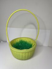 Easter Basket Vintage Hard Plastic Yellow Basket Weave Imprints Long Handle picture