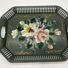 VTG 17 1/2’ X 13 1/5” Pierced Edge Gray Background Tole Ware Serving Tray picture