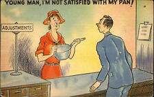 1940s comic department store ADJUSTMENTS DEPT woman kitchen pan ~ pun picture