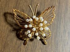Vintage Goldtone Faux Pearl Butterfly Filigree Pin Brooch Jewelry 2