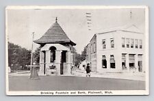 Postcard Bank & Fountain in Plainwell Michigan, Vintage C3 picture