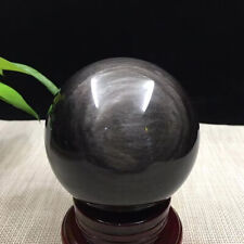 97mm Natural Silver Black Obsidian Sphere Quartz Crystal Ball Healing picture