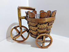 Vintage Wooden Bamboo Woven Rattan Tricycle Planter Basket picture