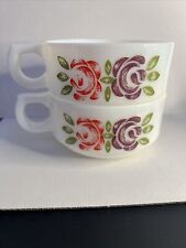 Vintage Pair Milk Glass Stackable Soup Bowls With Purple & Red Flower’s picture