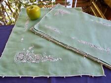 9 pcs Set Vintage Jade Green Fine Linen Runner & 8 Placemats Cutwork Embroidery picture