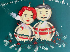 40s Duet Old Fashioned Pair Man Woman Ornaments Happy NY Vtg Christmas Card USED picture