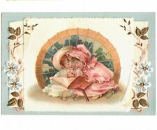 Victorian Trade Card Girl Book Parasol Embossed Lions Coffee Woolson 1894 Flower picture