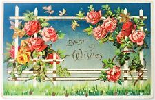 Vintage Postcard Best Wishes Beautiful RoseOn White Fence Gold Embossed 1915-30 picture