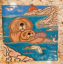 Hand Painted Art Tile Trivet Pacific Blue Sea Otters Lion Walrus Mom Baby Cute picture