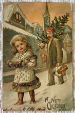 Merry Christmas Girl with hand muff father carrys tree postcard gold gilt inlay picture
