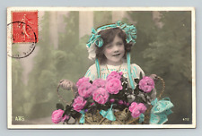 RPPC Hand Tint Little Girl Blue Bows Roses Curls Studio Posed PU 1907 (A366) picture