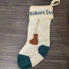 Vtg Dept. 56 Cream Knit Baby's 1st Christmas Stocking Dark Green Toe, Teddy Bear picture