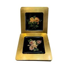 Six Vintage Hand Painted Lacquer Ware Square Charger Plates With Floral Pattern picture