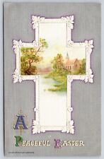 Winsch~A Peaceful Easter~Church & Lake Scene In Cross Frame~Emb~Vintage Postcard picture