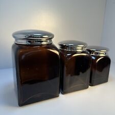 Zodax Apothecary Canister Glass Jars Brown Amber Thick Glass W/Chrome Lids Set 3 picture