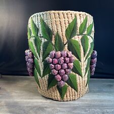 VTG Raffia Grape Basket Retro Woven 13x16” Planter Clothes Hamper Crewel Leaf picture