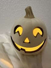 Halloween White Pumpkin Decor Jack-o- Latern Fall Decor Lighted 9” Resin Home picture
