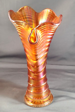 Vintage Imperial Carnival Glass Ripple Swung Vase Marigold w/Pour Spout 8.75” picture