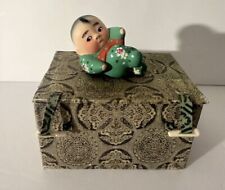 Hand Painted Clay Figurine, little Asian Baby Boy with Original Box (Green) picture