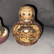 Antique Hand Painted Signed Russian Nesting Dolls w/ Gold Detail Magnolia Flower picture