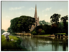 England. Stratford-on-Avon. Trinity Church, from river.  Vintage Photochrome B picture