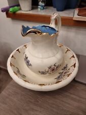 Vintage Large Bath Basin Bowl & Pitcher Pastel Green w/ Hand-Painted Flowers picture