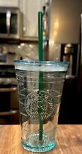 STARBUCKS Recycled Green Glass Tumbler 16 oz Cup Cold To Go Grande Spain w/ lid  picture