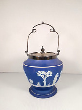 Antique 1894 Wedgwood Blue Jasperware Biscuit Barrel Jar Silver Plate Lid Handle picture