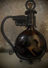 Vintage German Iron Metal Encased Amber Wine Bottle Decanter Glass w Stopper picture