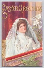 Postcard Easter Greetings Lady In White Praying Chastity Antique Unposted picture