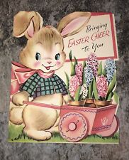Vintage 1950s Greeting Card Easter Bunny Rabbit Wheelbarrow Flowers picture