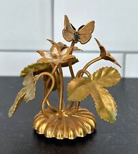 Lovely Tiny Tabletop Sculpture Brass Metal with enameled Butterfly and Florals picture