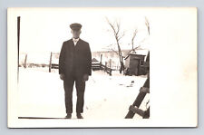 RPPC Handsome Well-Dressed Man in Suit Flat Cap at Snowy Farm Postcard picture